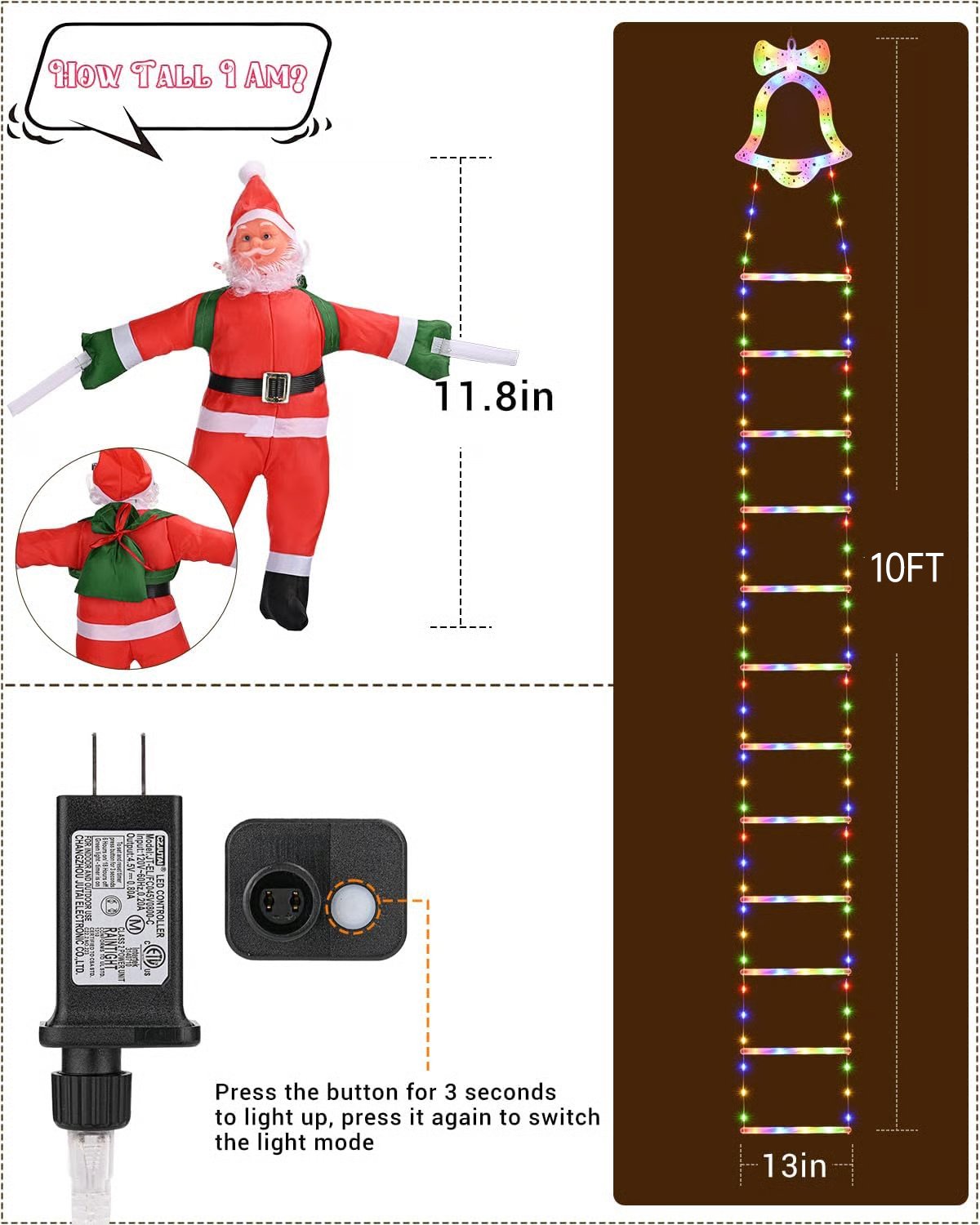 🎊LED Christmas Lights - 🎄Christmas Decorative Ladder Lights with Santa Claus✨